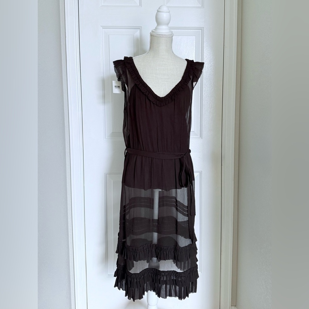 Moschino Cheap and Chic ruffle silk dress brown sheer layered Italy Sz 10 44